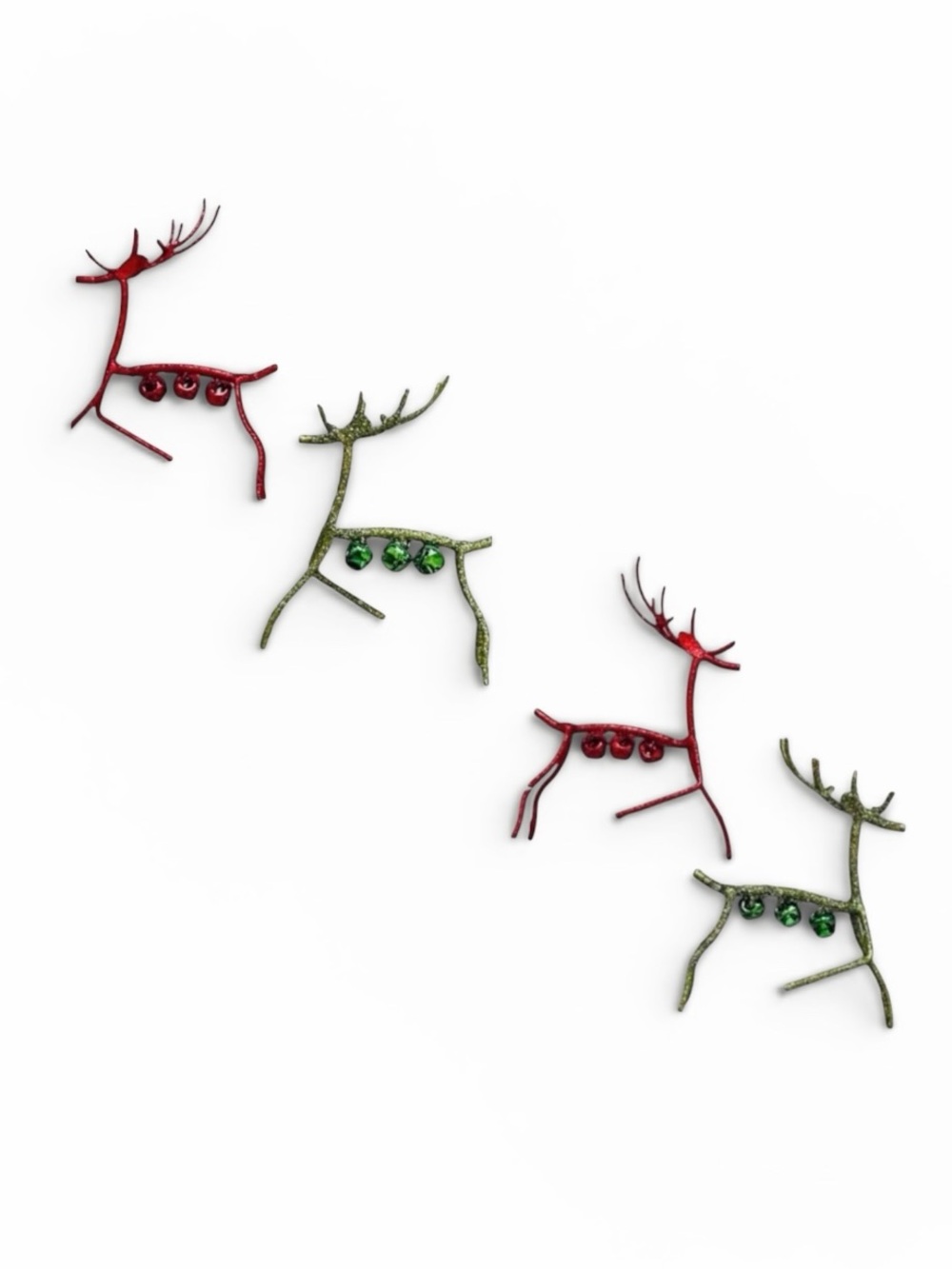 Set of 4 Bloomingdale's Red and Green Glitter Jingle Bell Reindeer Ornaments